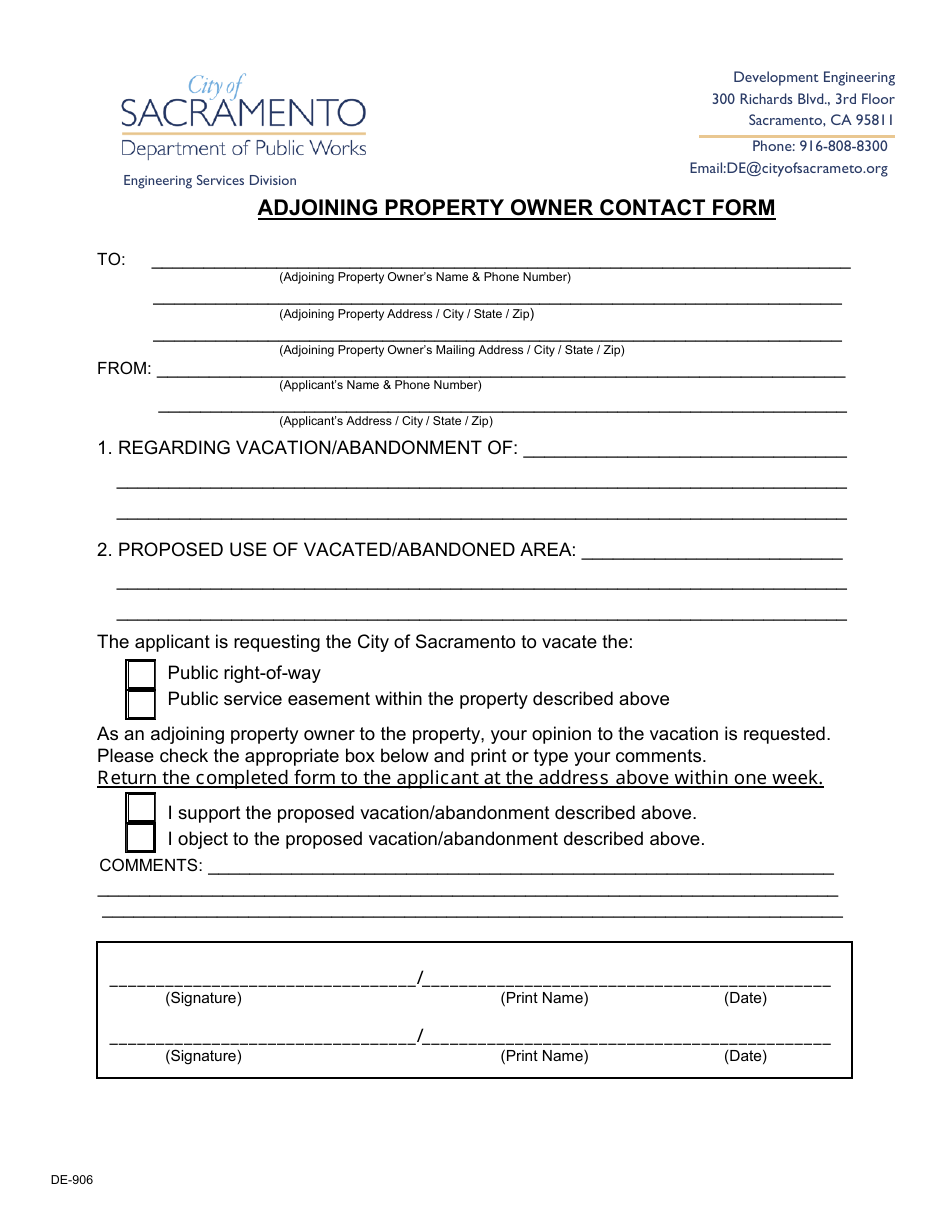 Form DE-906 Adjoining Property Owner Contact Form - City of Sacramento, California, Page 1