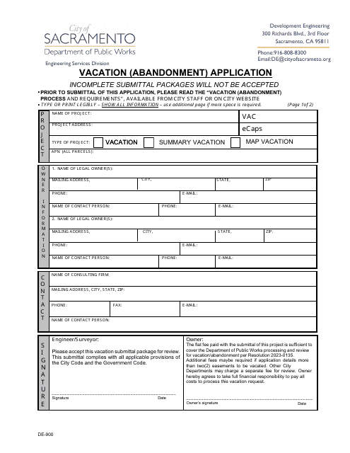 Form DE-900 Vacation (Abandonment) Application - City of Sacramento, California