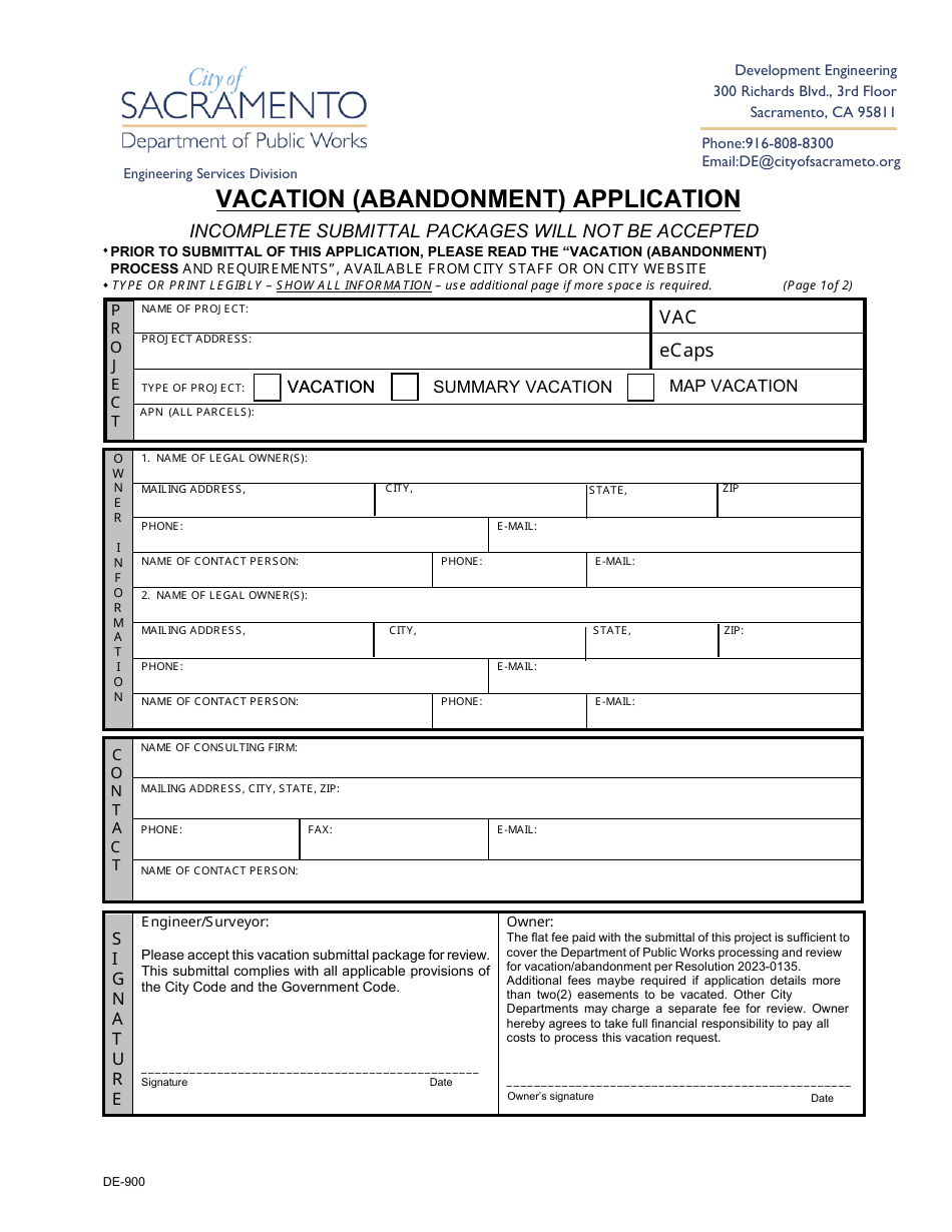 Form DE-900 Vacation (Abandonment) Application - City of Sacramento, California, Page 1