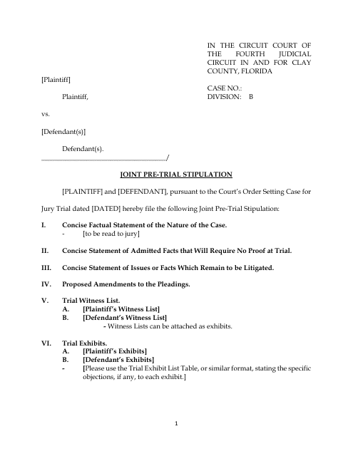 Joint Pre-trial Stipulation - Clay County, Florida Download Pdf