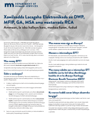 Document preview: Form DHS-3360-SOM Electronic Funds Transfer for Dwp, Mfip, Ga, Msa or Rca Benefits - Minnesota (Somali)