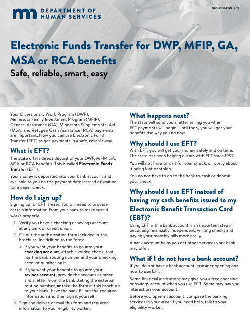 Form DHS-3360-ENG Electronic Funds Transfer for Dwp, Mfip, Ga, Msa or Rca Benefits - Minnesota