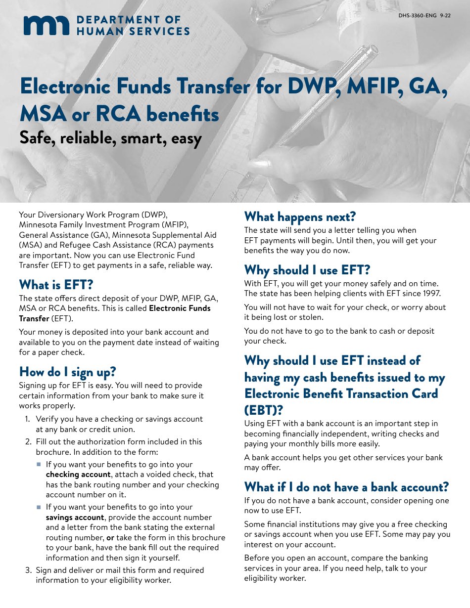 Form DHS-3360-ENG Electronic Funds Transfer for Dwp, Mfip, Ga, Msa or Rca Benefits - Minnesota, Page 1