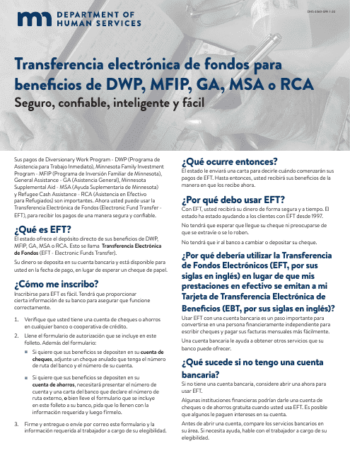 Formulario DHS-3360-SPA Transferencia Electronica De Fondos Para Beneficios De Dwp, Mfip, Ga, Msa O Rca - Minnesota (Spanish)