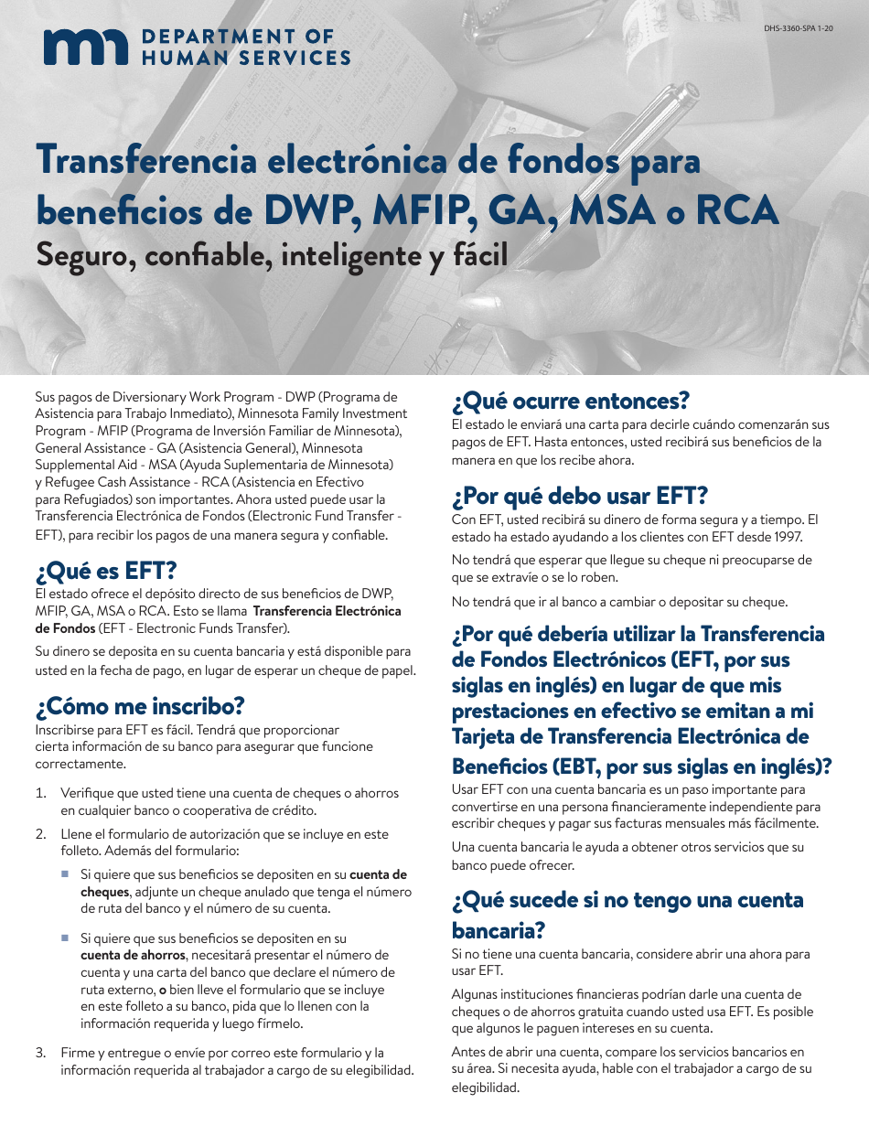 Formulario DHS-3360-SPA Transferencia Electronica De Fondos Para Beneficios De Dwp, Mfip, Ga, Msa O Rca - Minnesota (Spanish), Page 1