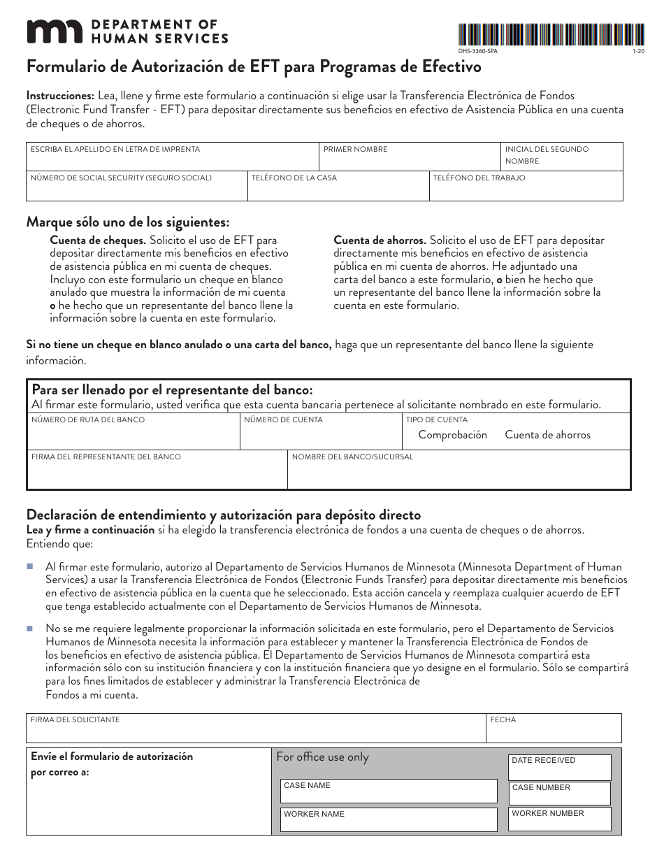 Formulario DHS-3360-SPA Transferencia Electronica De Fondos Para Beneficios De Dwp, Mfip, Ga, Msa O Rca - Minnesota (Spanish), Page 5