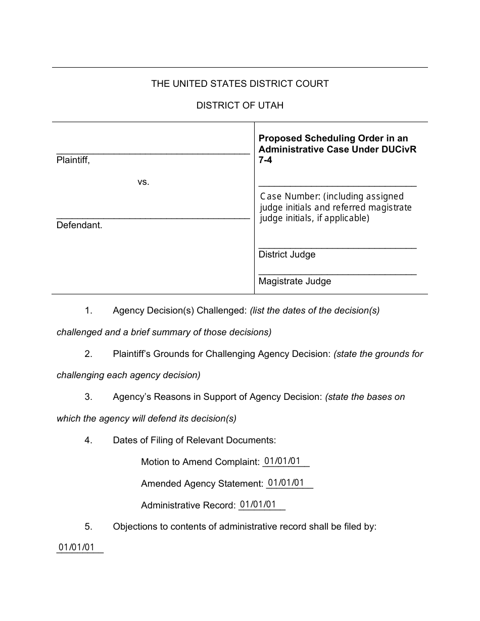 Proposed Scheduling Order in an Administrative Case Under Ducivr 7-4 - Utah, Page 1