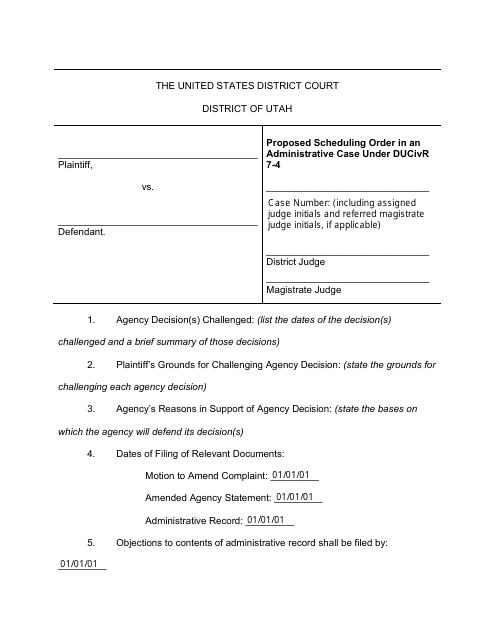 Proposed Scheduling Order in an Administrative Case Under Ducivr 7-4 - Utah