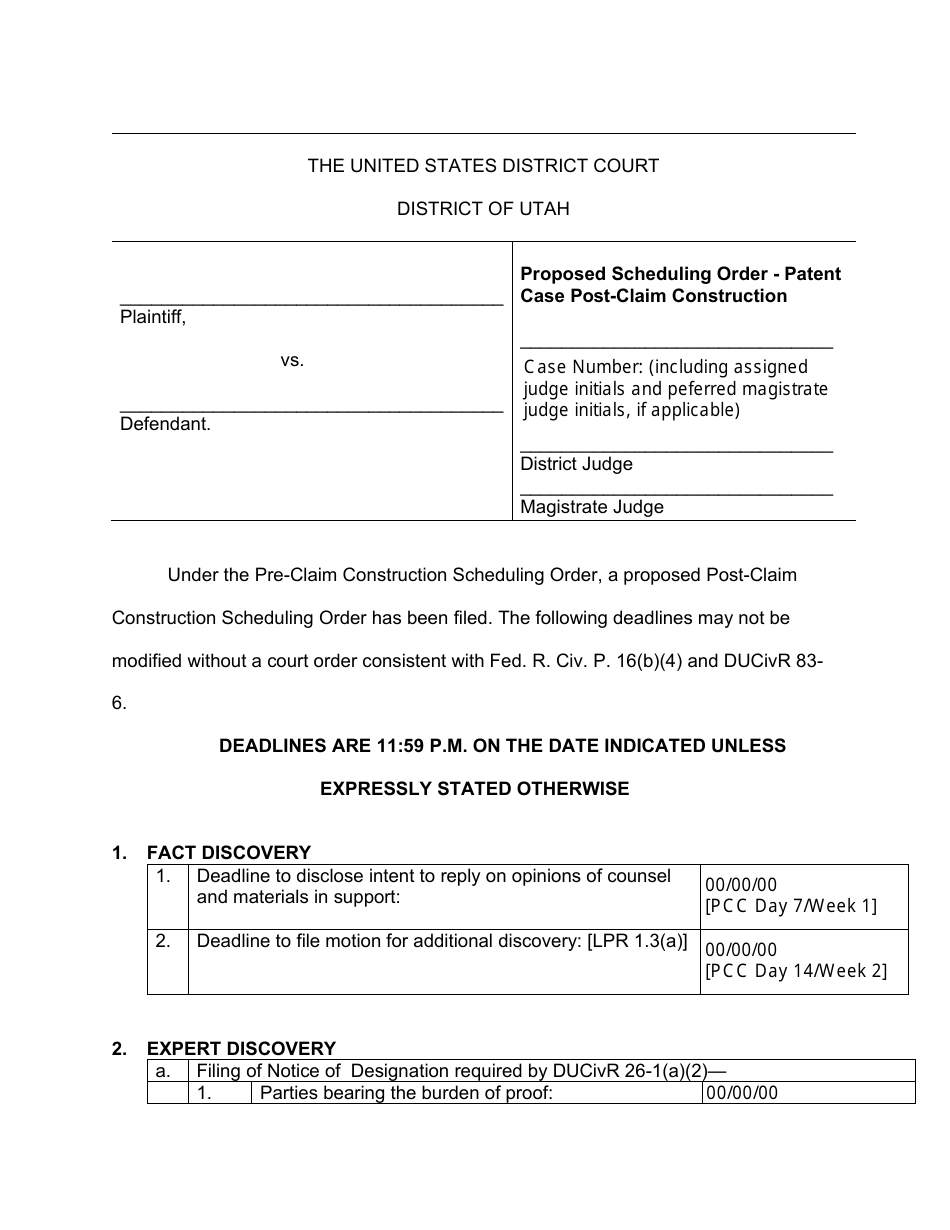 Proposed Scheduling Order - Patent Case Post-claim Construction - Utah, Page 1