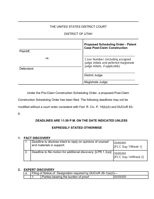 Proposed Scheduling Order - Patent Case Post-claim Construction - Utah Download Pdf