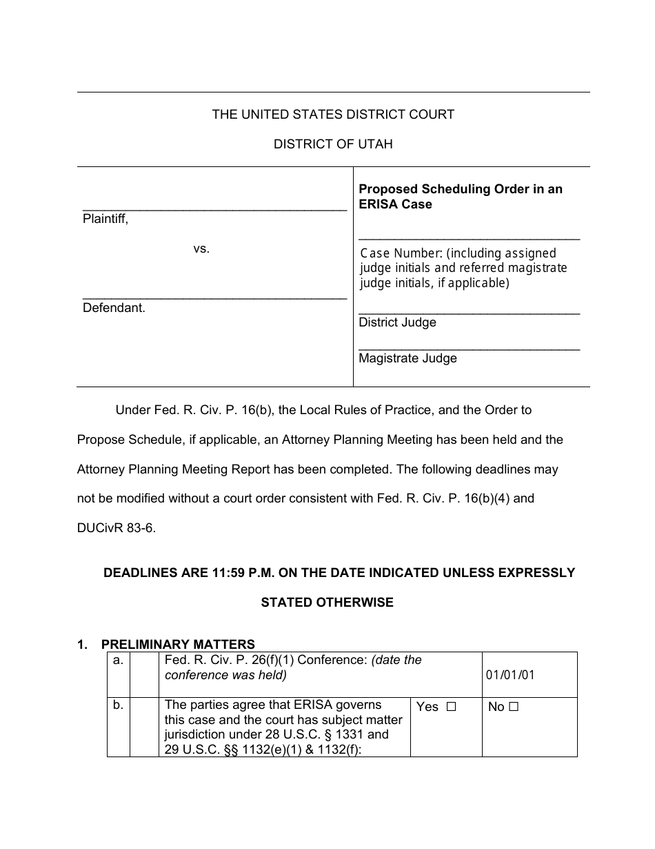 Proposed Scheduling Order in an Erisa Case - Utah, Page 1