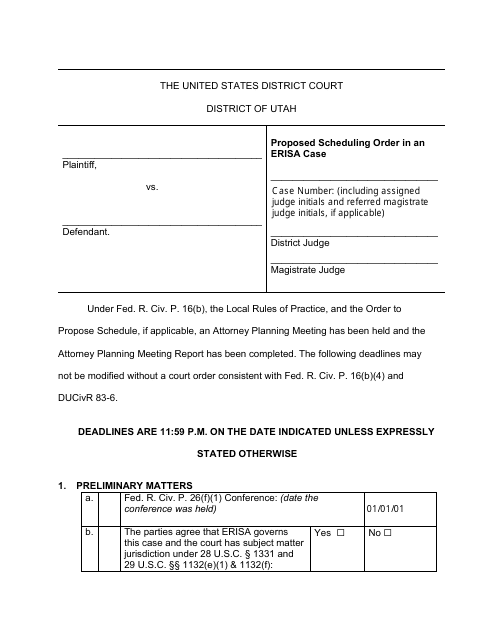 Proposed Scheduling Order in an Erisa Case - Utah Download Pdf