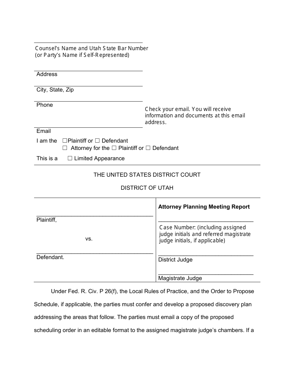 Attorney Planning Meeting Report - General Civil Case - Utah, Page 1