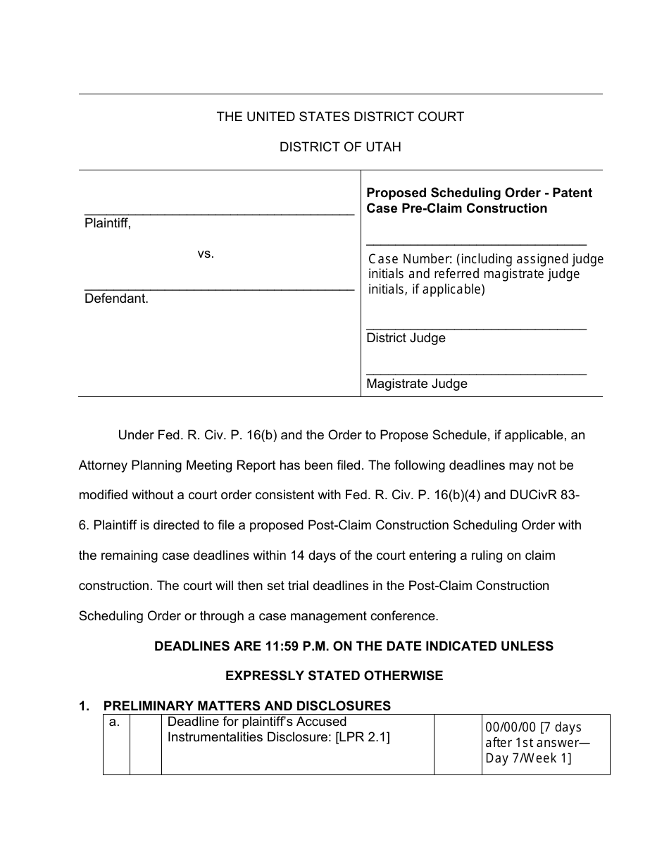 Proposed Scheduling Order - Patent Case Pre-claim Construction - Utah, Page 1