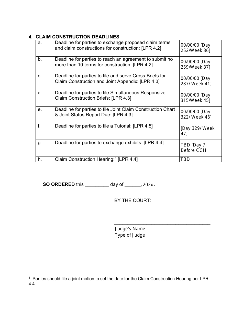 Proposed Scheduling Order - Patent Case Pre-claim Construction - Utah, Page 5