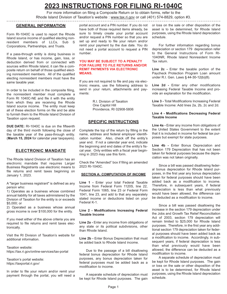 Download Instructions for Form RI1040C Composite Tax Return