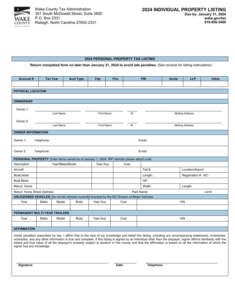 Personal Property Tax Listing - Wake County, North Carolina, Page 1