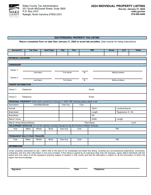 Personal Property Tax Listing - Wake County, North Carolina, 2024