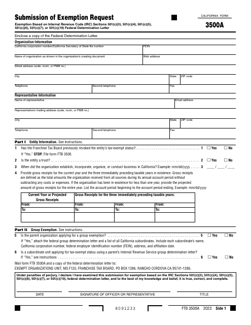 Form FTB3500A Submission of Exemption Request - California, 2023