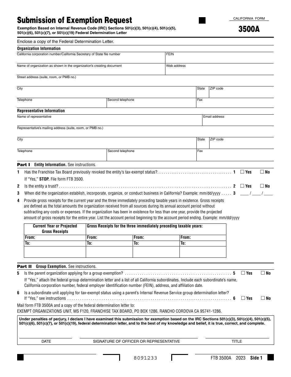 Form FTB3500A Submission of Exemption Request - California, Page 1