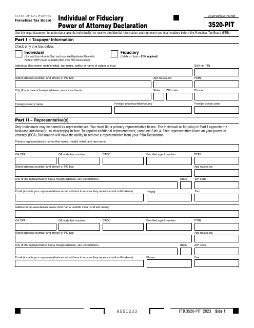 Form FTB3520-PIT 2023 Printable Pdf
