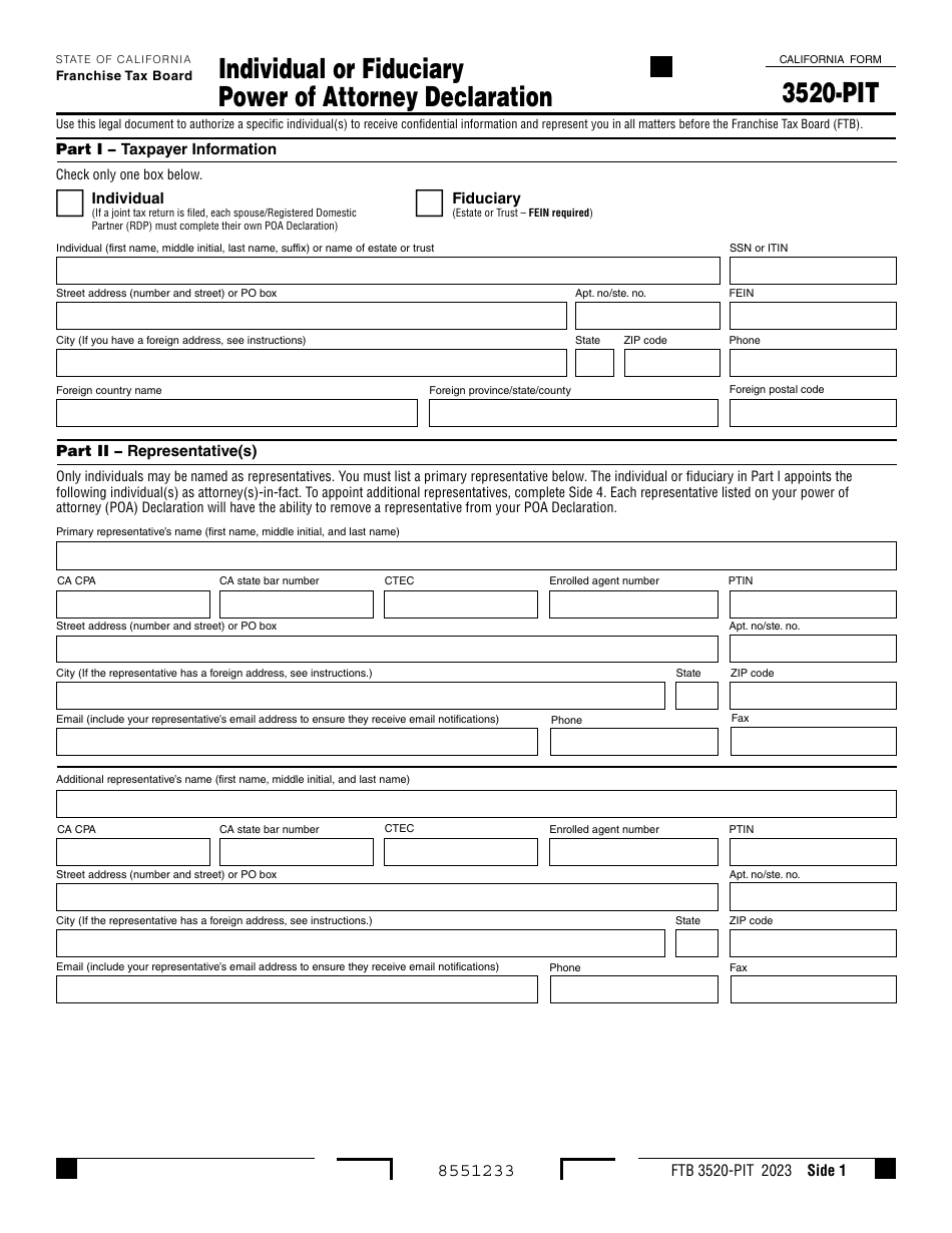Form FTB3520-PIT Individual or Fiduciary Power of Attorney Declaration - California, Page 1
