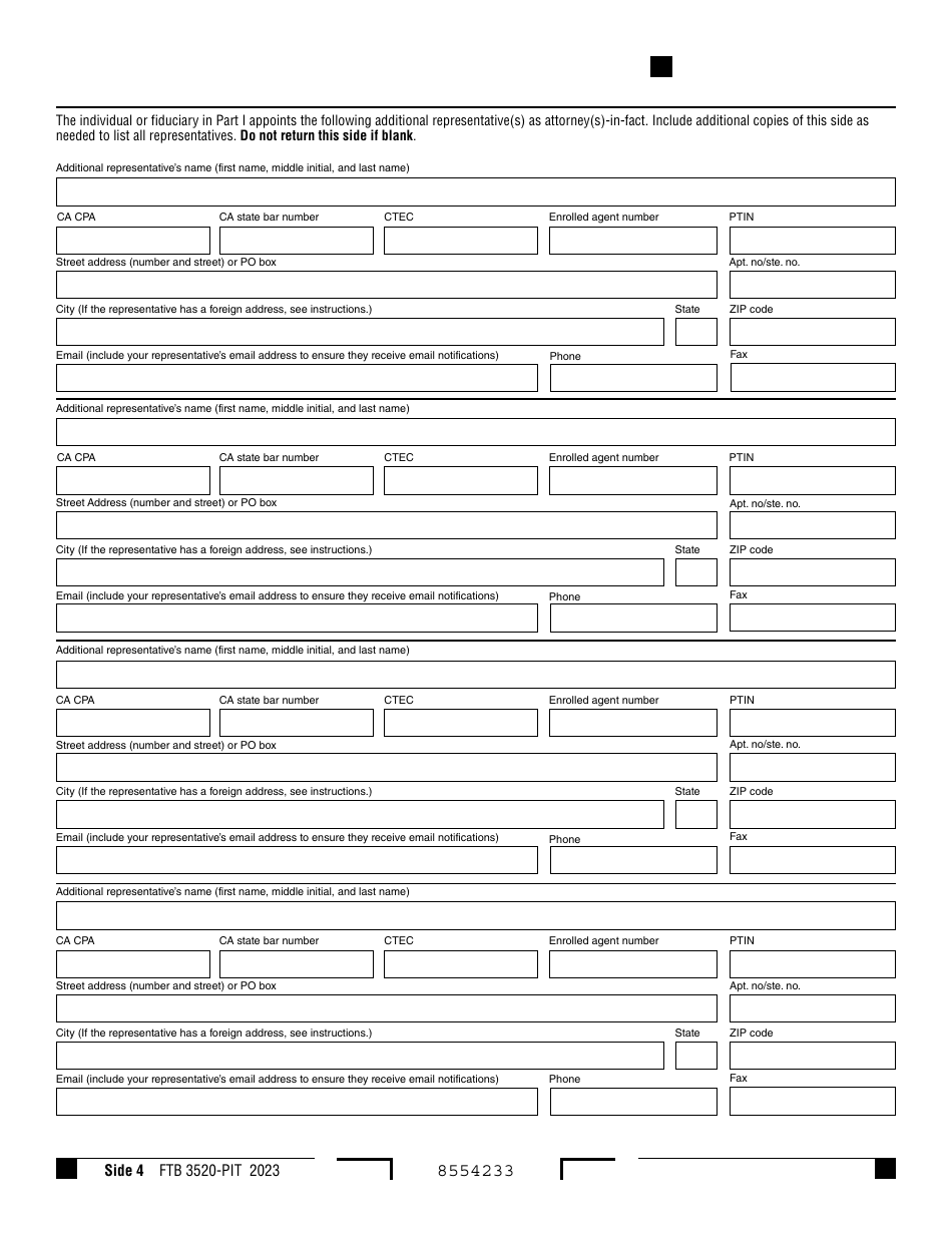 Form FTB3520-PIT Individual or Fiduciary Power of Attorney Declaration - California, Page 4