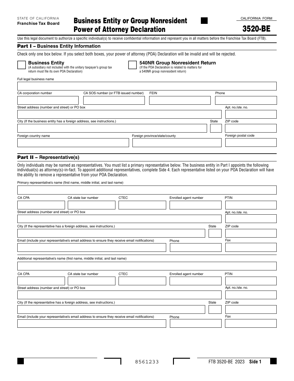 Form FTB3520-BE Business Entity or Group Nonresident Power of Attorney Declaration - California, Page 1