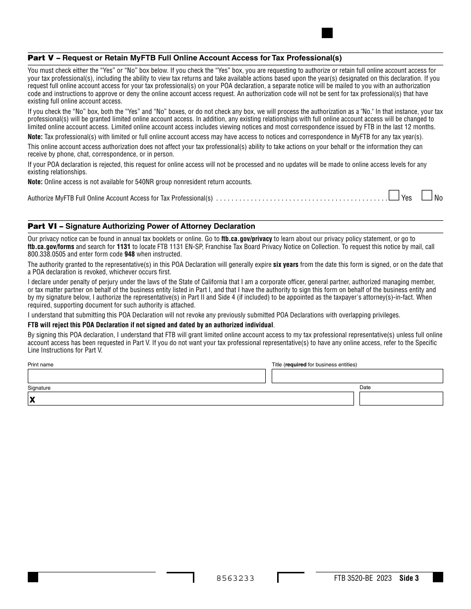 Form FTB3520-BE Download Fillable PDF or Fill Online Business Entity or ...