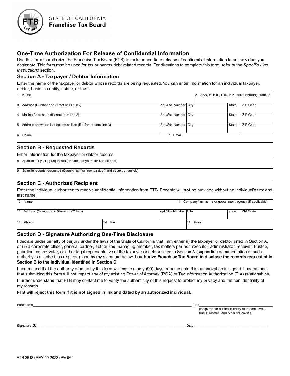 Form FTB3518 One-Time Authorization for Release of Confidential Information - California, Page 1