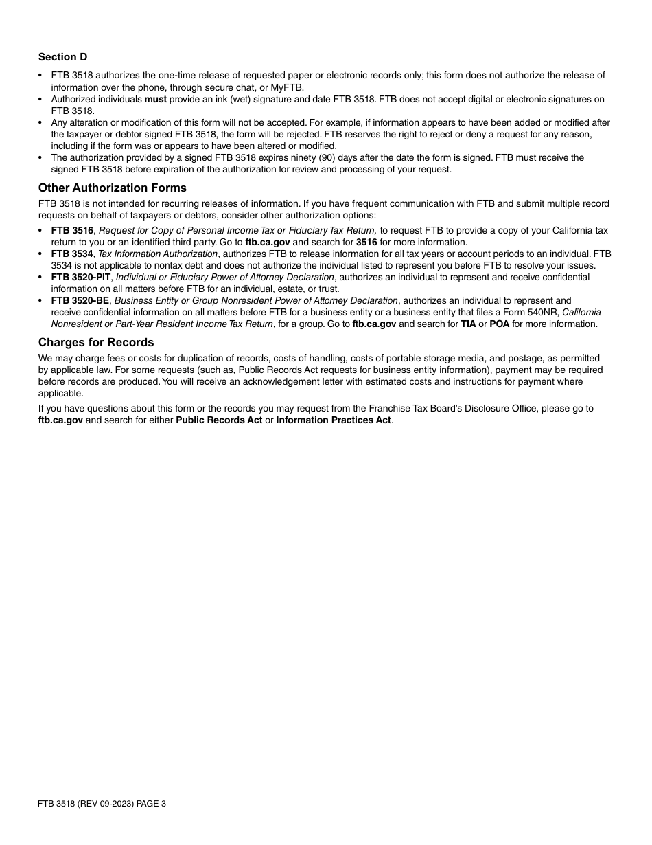 Form FTB3518 One-Time Authorization for Release of Confidential Information - California, Page 3