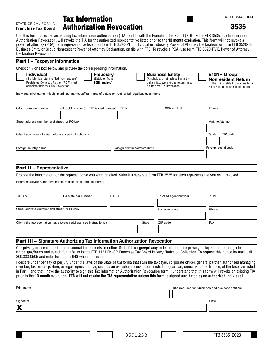 Form FTB3535 Tax Information Authorization Revocation - California, Page 1