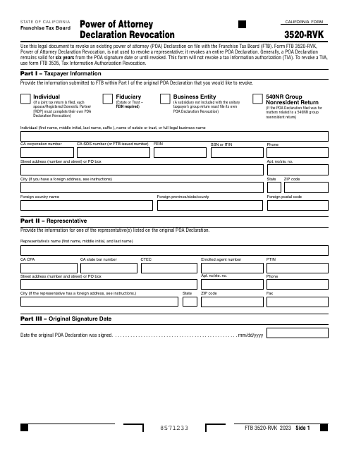 Form FTB3520-RVK 2023 Printable Pdf