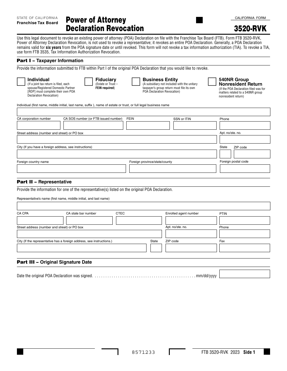 Form FTB3520-RVK Power of Attorney Declaration Revocation - California, Page 1