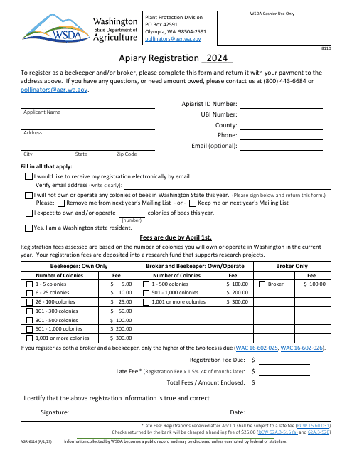 Form AGR-6116 Apiary Registration - Washington, 2024