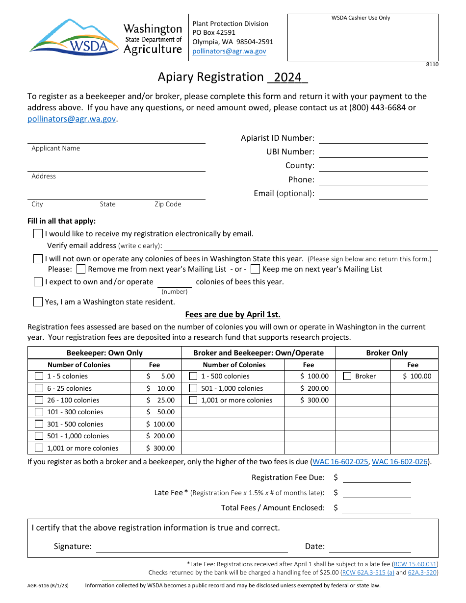 Form AGR-6116 Apiary Registration - Washington, Page 1