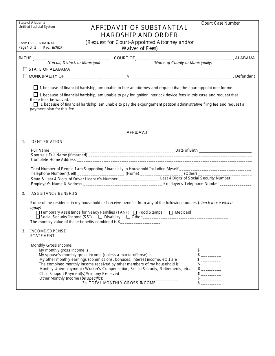 Form C-10-CRIMINAL Affidavit of Substantial Hardship and Order (Request for Court-Appointed Attorney and / or Waiver of Fees) - Alabama, Page 1