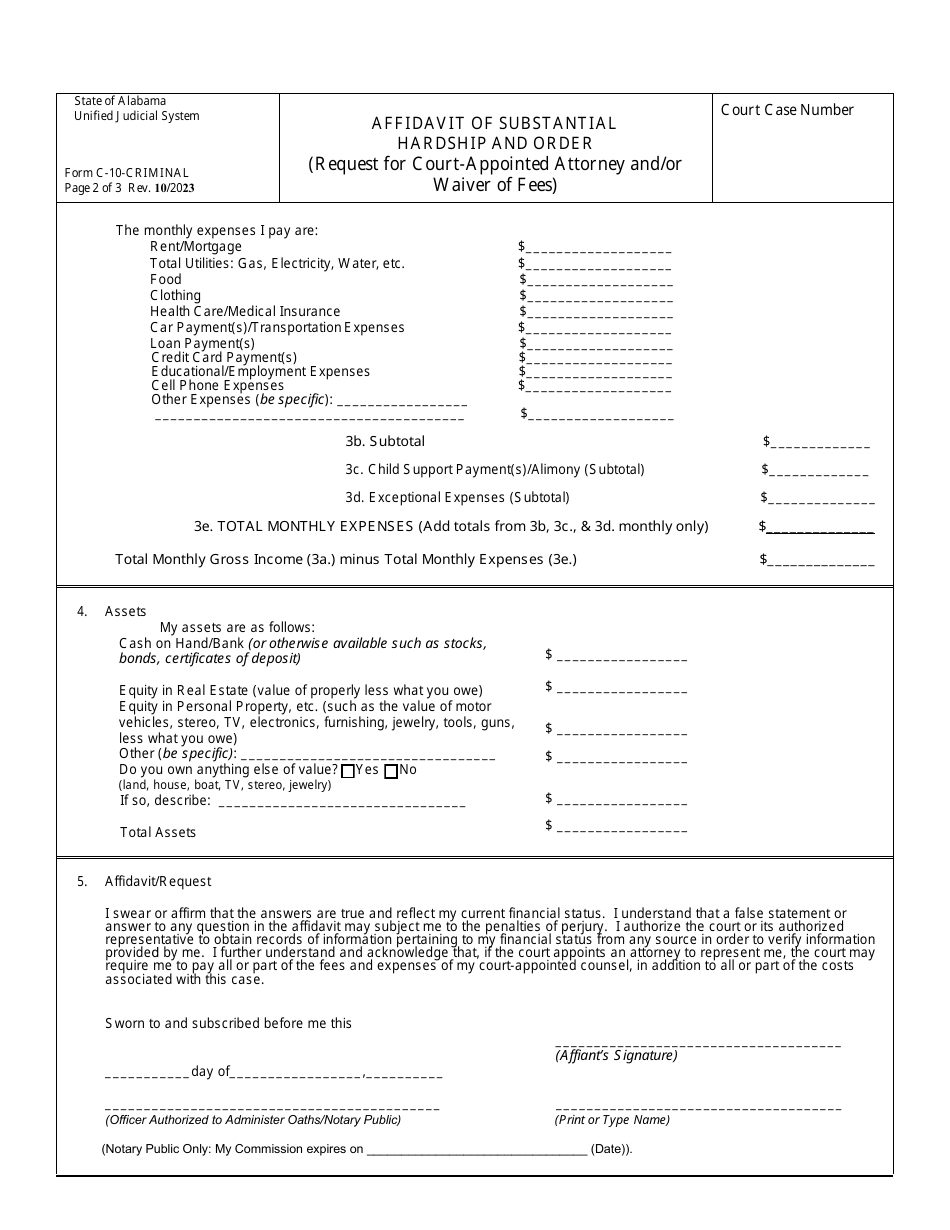 Form C 10 Criminal Download Fillable Pdf Or Fill Online Affidavit Of Substantial Hardship And 7135