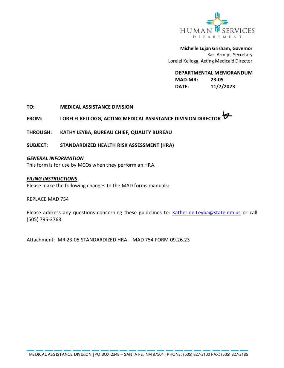 Form MAD754 Standardized Health Risk Assessment (HRA) - New Mexico, Page 1