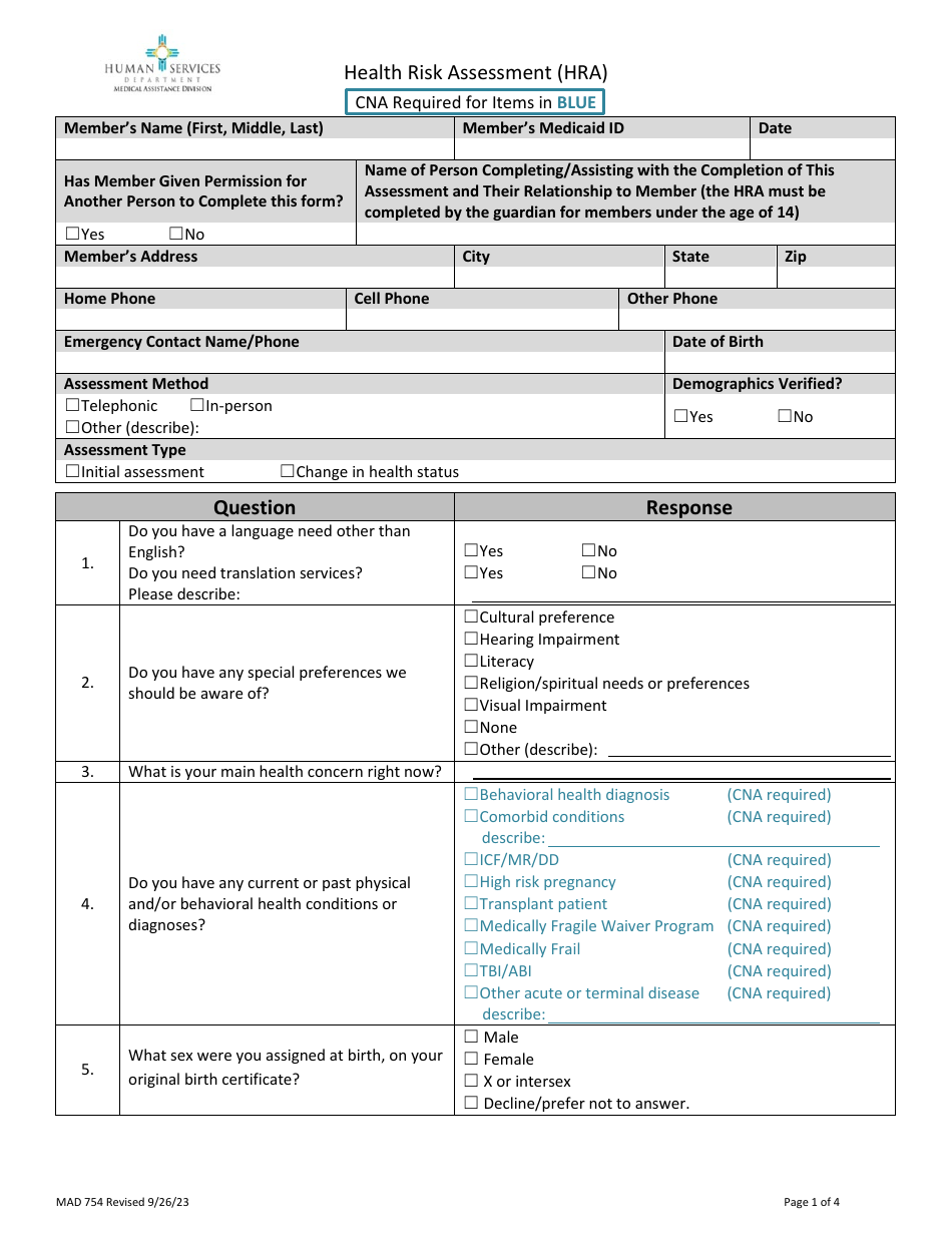 Form MAD754 Standardized Health Risk Assessment (HRA) - New Mexico, Page 2