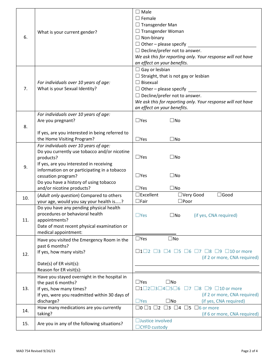 Form MAD754 Standardized Health Risk Assessment (HRA) - New Mexico, Page 3