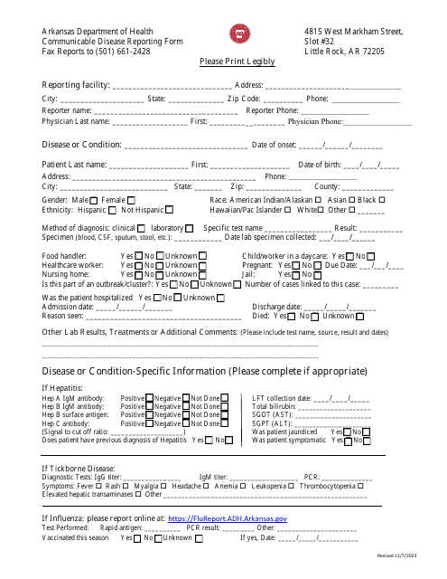 Communicable Disease Reporting Form - Arkansas