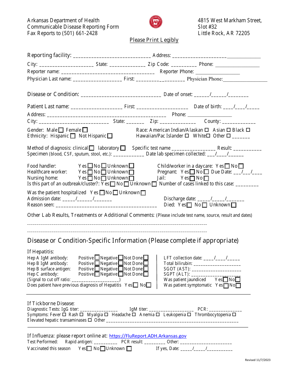 Communicable Disease Reporting Form - Arkansas, Page 1