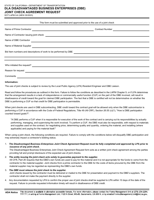 Form DOT LAPM9-A Dla Disadvantaged Business Enterprises (Dbe) Joint Check Agreement Request - California