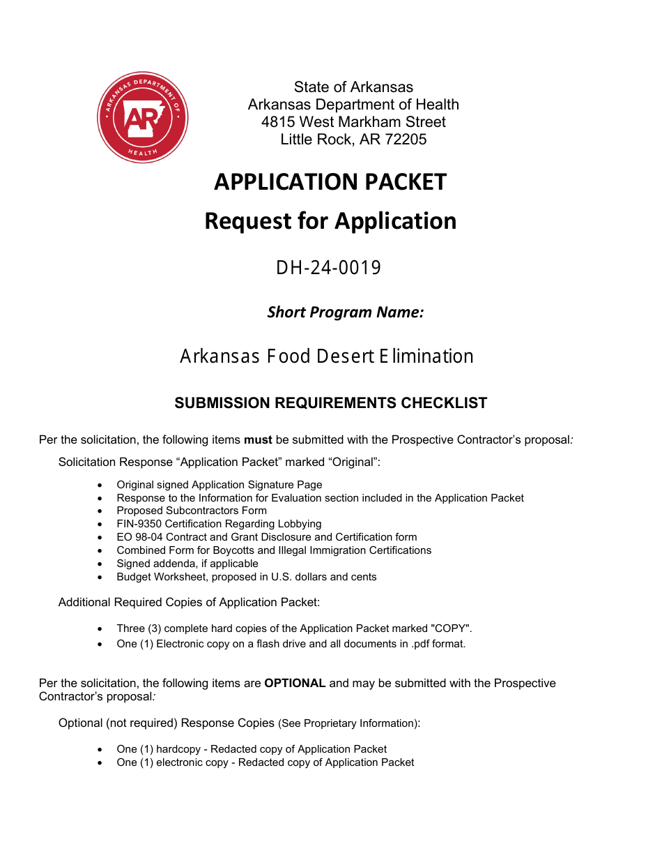 Form DH-24-0019 Request for Application - Arkansas Food Desert Elimination - Arkansas, Page 1