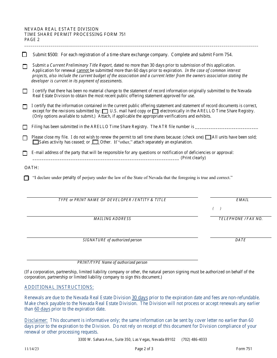 Form 751 Time Share Permit Processing Form - Nevada, Page 2