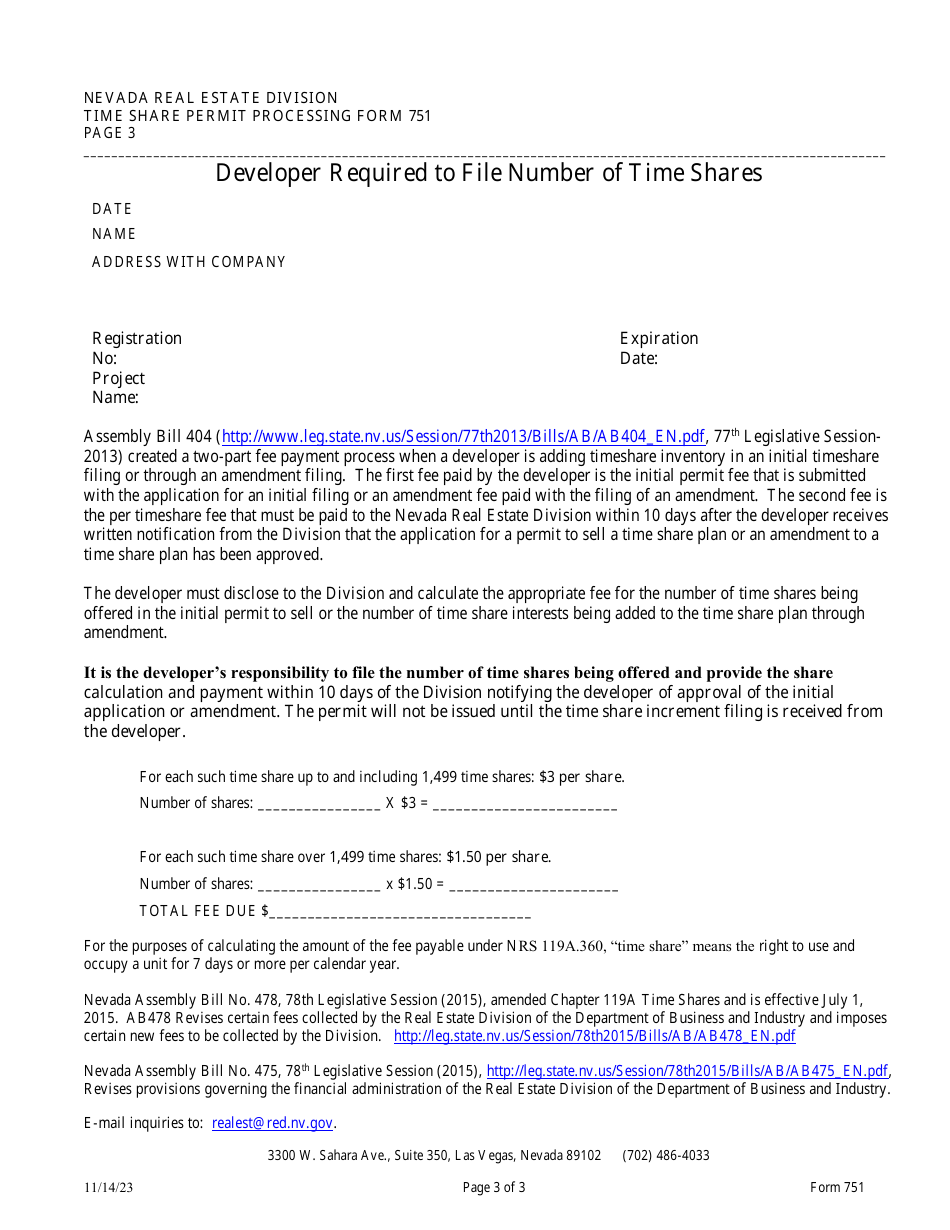 Form 751 Time Share Permit Processing Form - Nevada, Page 3