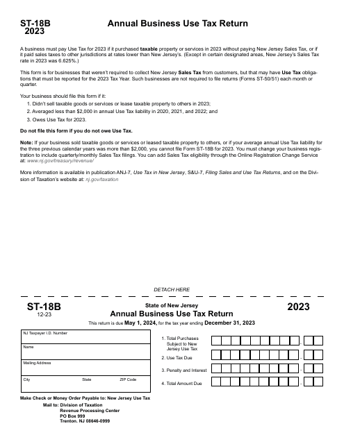 Form ST-18B Annual Business Use Tax Return - New Jersey, 2023