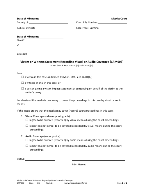 Form CRM903 Victim or Witness Statement Regarding Visual or Audio Coverage - Minnesota