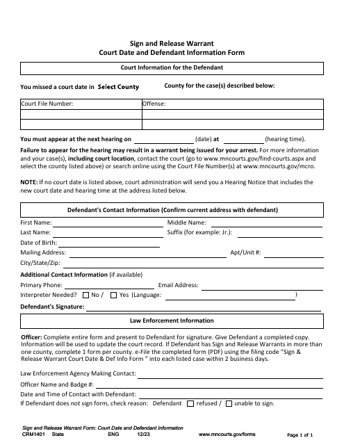 Form CRM1401 Sign and Release Warrant - Court Date and Defendant Information Form - Minnesota